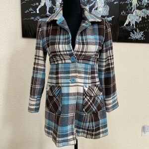 plaid brown and blue winter coat